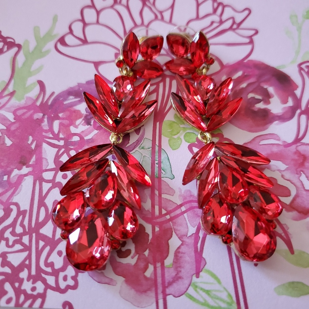Red crystal petal statement earrings